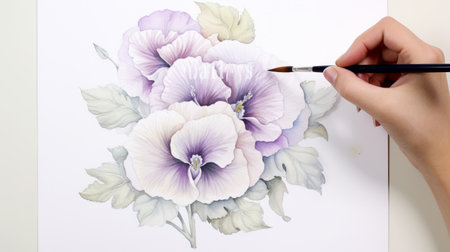 a stunning watercolor painting capturing the delicate beauty of a white rose, meticulously created with a focus on intricate details. this pansy artwork showcases the elegance and grace of the flower, bringing out its pure and pristine essence. ai generatedの素材