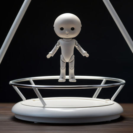 a minimalistic trampoline designed by jonathan ive, featuring a hi-tech doll, stands out against a dark background. ai generatedの素材