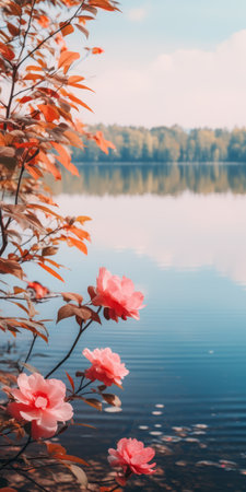 a serene lake with vibrant peony leaves reflecting on its still waters. the hyper-realistic style captures warm colors, dynamic lighting, and a sense of peaceful solitude. this vertical composition is ideal for phone wallpapers, offering a highly detailed and high-resolution 16k image. ai generatedの素材