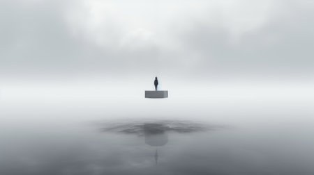 a resident standing on a slender platform, suspended high above the ground, in a surreal, minimalist environment. the image features a minimal color palette, with shades of gray and a single striking accent color, emphasizing the stark contrast between the figure and the surrounding space. the photo evokes isolation, contemplation, and the exploration of existence within a vast, empty universe. ai generatedの素材