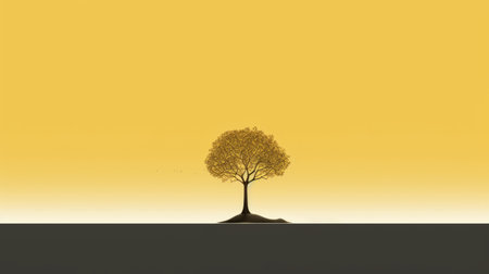 a minimalist landscape featuring a solitary tree at the center, representing the pursuit of academic success. the tree stands tall, showcasing its achievements through its size or fruits. adjacent to the tree lies a pile of gold or a symbol of scholarly accomplishment. despite its prosperity, the tree stands alone in an empty landscape, symbolizing the potential loneliness that may accompany wealth. ai generatedの素材