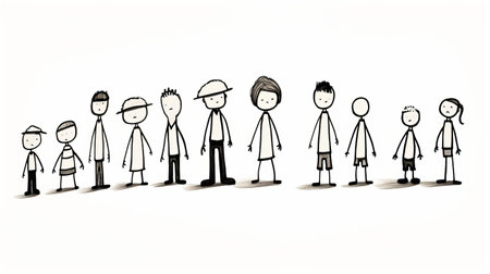 stick figure family with michael, mother, william, olivia, jack, mia, charlotte, and ethan facing family problems. this illustration showcases the challenges faced by a stick figure family on a white background. ai generatedの素材
