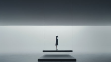 a woman standing on a slender platform, suspended high above the ground, in a surreal, minimalist environment. the image features a minimal color palette, with shades of gray and a single striking accent color, emphasizing the contrast between the figure and the space. it evokes isolation, contemplation, and the exploration of existence within a vast universe. ai generatedの素材