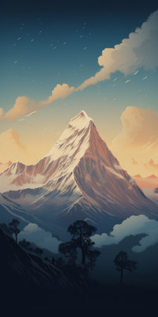 the manaslu poster showcases a minimalist and flat design, highlighting the awe-inspiring everest. this stunning artwork captures the essence of the majestic mountain, combining simplicity and elegance. perfect for nature enthusiasts and adventure seekers, this poster is a must-have for those who appreciate the beauty of the himalayas. ai generatedの素材