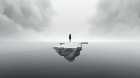a child standing on a slender platform, suspended high above the ground, in a surreal, minimalist environment. the image features a minimal color palette, with shades of gray and a single striking accent color. the contrast between the figure and the surrounding space creates a sense of isolation and contemplation, evoking the exploration of one's existence in a vast and empty universe. ai generatedの素材