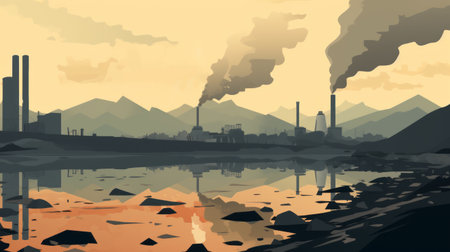 toxic waste pollution with dark clouds and toxic smoke rising from industrial factories. murky lake with dead fish floating. mountains and forests barely visible due to thick smog. soft and warm light adds an art nouveau touch. ai generatedの素材