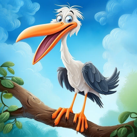 crazy stork character sitting on a branch in a cartoon-style illustration. this caricature is sure to bring a smile with its funny and playful depiction. ai generatedの素材