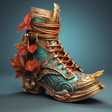a turquoise boot adorned with intricate flowers and leaves, featuring a realistic hyper-detailed rendering. the boot is beautifully accented with light gold and bronze tones, creating a fantastical atmosphere. the image showcases fantasy characters and incorporates photobashing techniques. the background elements are meticulously detailed, incorporating shades of dark azure and orange. this artwork draws inspiration from the style of alois arnegger. ai generatedの素材