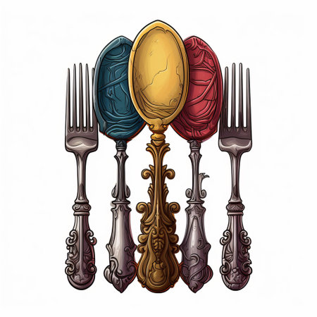 a photo of five spoons and forks with different colors, resembling gothic illustration and rococo style. the conceptual embroideries and extravagant table settings showcase intertwining materials with dark yellow and magenta hues. the spoons and forks feature sculptural engraving, adding a unique touch to the overall design. ai generatedの素材