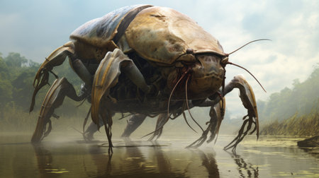 a creepy creature, resembling a futuristic spacecraft made of insects, is seen walking through shallow water. this eerie image, captured by mike ploog on 70mm film, showcases the unique artistic style of magali villeneuve and draws inspiration from prehistoric art. the creature's bulbous form adds to its unsettling appearance. ai generatedの素材