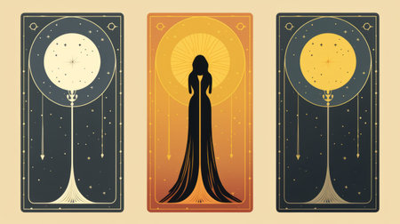 three tarot cards featuring a woman in a long dress, her hair flowing in waves, set against a backdrop of dark navy and light gold. the illustrations have a romantic, art nouveau style with elegant curves. the color palette includes light orange and dark gray, creating a mysterious atmosphere reminiscent of space. the cards are adorned with accents of light gold and light black. aiの素材