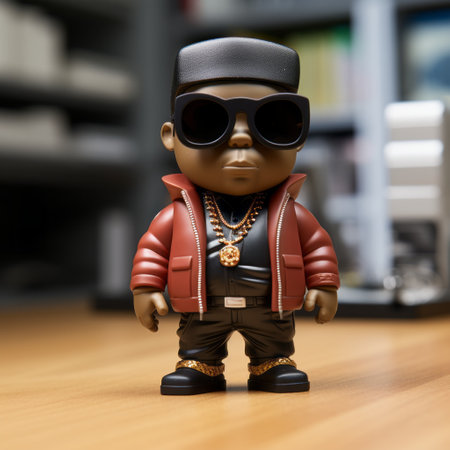 a studio shot of a funko-pop figurine of rapper notorious-big wearing glasses. the image showcases the minimalist design and iconic features of the figurine, which is positioned outside of its box. captured with a canon eos r5 85 mm f/1.8 lens, the high-quality photography creates an ultra-detailed and ultra-photorealistic image at a 1:1 scale. ai generatedの素材
