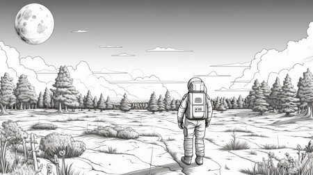 scott carpenter, the astronaut, is depicted in a captivating black and white line drawing as he encounters a majestic white park in a vast field. this blockbuster-style image, available in .png format, captures the awe-inspiring moment of their encounter. ai generatedの素材