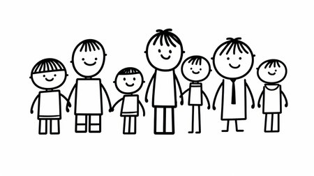 a family portrait featuring stick figures named george, motherly, oliver, william, jack, mia, charlotte, and amelia. the stick figures are depicted on a white background, creating a simple and minimalist aesthetic. ai generatedの素材