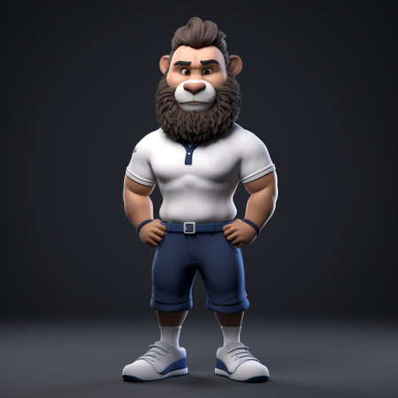 the mascot of judah, a muscular heavyweight bodybuilder, is depicted in this 3d pixar image. he is seen wearing a black t-shirt, blue jeans, and white shoes, exuding an inspiring entrepreneur style. the image is captured in 8k resolution, providing a stunning uhd visual experience. ai generatedの素材
