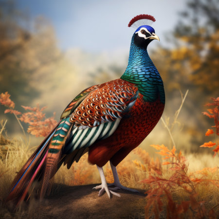 a bright red and blue pheasant stands gracefully in the grass, showcasing the vibrant colors reminiscent of the kushan empire. this digital art piece combines realistic rendering with dark emerald and dark crimson hues, creating a visually stunning representation. the intricate details and historical inspiration make it reminiscent of detailed miniatures and captivating historical illustrations, enhanced by skillful post-processing techniques. ai generatedの素材