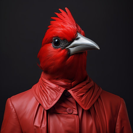 a cardinal, with its close-up face, is captured in this vibrantly surreal fashion photography. ai generatedの素材