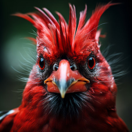 a cardinal, with its close-up face, is captured in this vibrantly surreal fashion photography. the photo showcases the intricate details of the cardinal's features, highlighting its vibrant colors and unique markings. ai generatedの素材