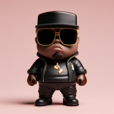 a food image featuring a funko-pop figurine of rapper notorious-big, displayed outside of its box. this studio shot captures the minimalist design and iconic features of the figurine. shot with a canon eos r5 85 mm f/1.8 lens, the image is ultra-detailed and ultra-photorealistic, showcasing the figurine at a 1:1 scale. ai generatedの素材