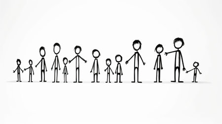 stick figure family with michael, mother, william, olivia, jack, mia, charlotte, and ethan facing family problems. the white background highlights the complexity of their relationships and the challenges they face. ai generatedの素材