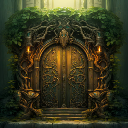 a fantasy door adorned with intricate vine and tree decorations, featuring highly detailed illustrations in dark gold and light emerald hues. this 2d game art showcases a mesmerizing blend of synthetism-inspired elements, with pseudo-realistic textures and smooth brushwork. ai generatedの素材