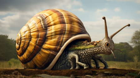 a clay sculpture of a snail, rendered in cinema4d, stands in the middle of a field. this national geographic photo captures the intricate details of the sculpture, created using speedpainting and photo-realistic techniques. the combination of kombuchapunk and baroque animal influences adds a unique touch to the artwork. the motion blur effect adds a sense of movement to the still sculpture. ai generatedの素材