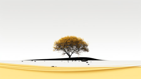 a minimalist landscape featuring a solitary tree at the center, representing the pursuit of academic success. the tree stands tall, showcasing its achievements through its size or fruits. adjacent to the tree, a pile of gold or a symbol of scholarly accomplishment signifies the wealth attained. however, the tree stands alone in an empty landscape, symbolizing the potential loneliness that may accompany success. ai generatedの素材