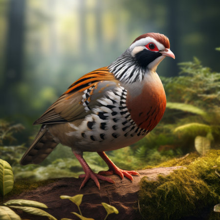 a bird standing in a forest, depicted in the style of octane render, showcases colorful realism and elements of pigeoncore. the image draws inspiration from historical illustrations, with a light red and brown color palette. the bird is portrayed with punctuated caricature details, while maintaining photorealistic accuracy. ai generatedの素材