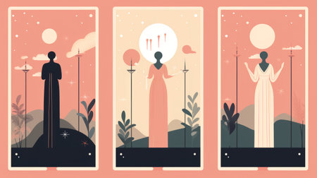 astronomical signs and astrological astrologer are depicted in this hauntingly beautiful illustration of a horoscope design. the pastel-colored landscapes create a dreamy atmosphere, while elongated shapes and feminine imagery add a touch of mystique. the tarot card-inspired artwork is showcased across multiple screens, with a captivating combination of light red and dark navy hues. ai generatedの素材