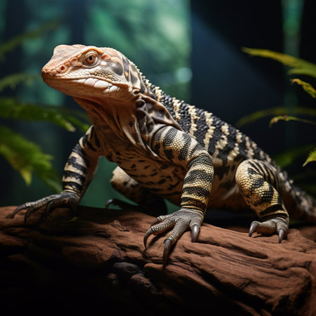 a lizard perched on a wooden base in a dimly lit room. the photo captures the lizard's strong facial expression and dynamic colors, enhanced by the softbox lighting. the bold lines and jagged edges add a touch of artistic flair. shot on ferrania p30 film, this image showcases a refined technique with dappled lighting. ai generatedの素材