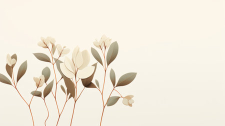 white flowers bloom gracefully against a light gray backdrop, exuding a warm and nostalgic ambiance. the minimalist background, with its naturalistic landscape of light green and brown hues, creates a romantic and tranquil atmosphere reminiscent of a zen-like illustration. ai generatedの素材