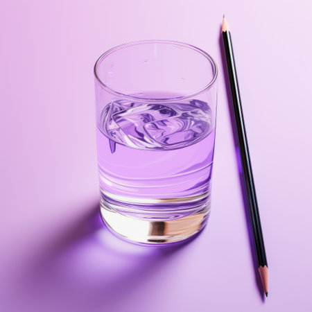 purple glass with pencil on it realistic 3d mockup featuring the luminosity of water. this artwork captures the essence of a realistic portrait painter and showcases editorial illustrations inspired by kurt wenner. with minimal retouching, it beautifully embodies the absinthe culture and the trace monotone aesthetic. ai generatedの素材