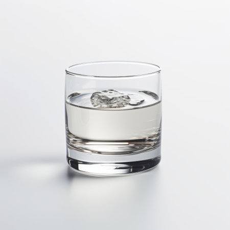 a glass of water with ice cubes, captured in a minimalistic japanese style. the 21st-century lifelike rendering showcases the water splashing out of the glass. shot on 70mm, this light white and light silver matte photo has a crisp and clean look. ai generatedの素材