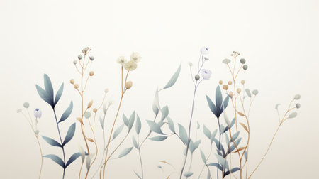 watercolor background featuring white flowers and plants, showcasing a nostalgic minimalism style with light sky-blue and light bronze hues. the composition presents a juxtaposition of hard and soft lines, delicately rendering landscapes. this multi-colored minimalism piece is characterized by a combination of light gray and dark gold tones. ai generatedの素材