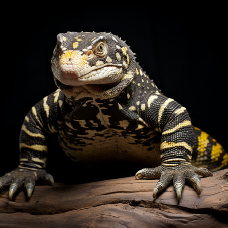 the lizard is gazing into the black background, showcasing bold patterns and illuminated by softbox lighting. this captivating photo captures the essence of caninecore with its post-processing techniques and photo-realistic details. shot on ferrania p30 film, it exudes an exotic atmosphere that adds to its allure. ai generatedの素材
