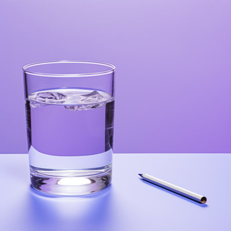 a cup of water and a pen sit side by side in this photo, featuring a light violet and light gray color scheme. the image showcases optical effects and incorporates elements of pop culture imagery. meticulously crafted, this photorealistic still life captures bold chromaticity and high contrast, highlighting the glass material of the cup. ai generatedの素材