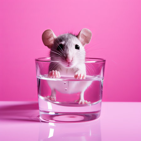 glass of water with a mouse inside, featuring a cute and colorful composition. this unique artwork, inspired by the styles of pink, mike campau, and firmin baes, showcases precisionist elements and daring experimentation. the post-processing techniques used enhance the visual impact of the image, creating a captivating and thought-provoking piece. ai generatedの素材