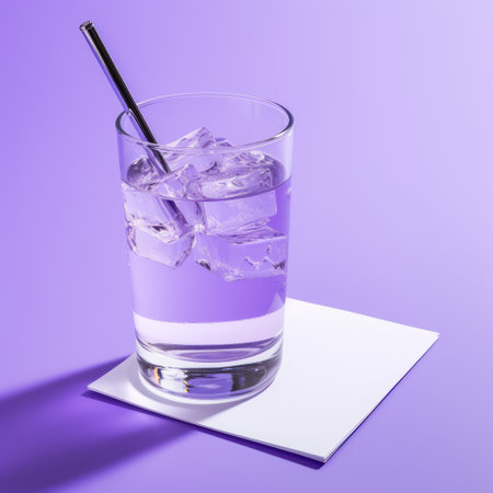 a purple glass filled with water and ice sits on a lavender background, accompanied by a straw. the image is captured in the style of kodak elite chrome extra color, showcasing vibrant hues. the composition is reminiscent of cad (computer aided design) with embossed paper texture, creating a matte photo effect. this commercial imagery evokes a sense of nostalgia, spanning from the 1970s to theの素材