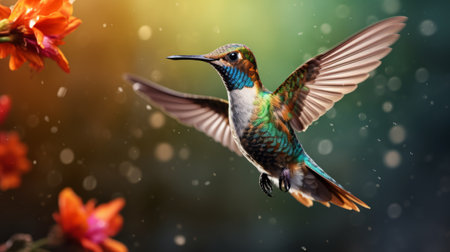 a hummingbird in flight, captured by zaanen wallpapers, showcases the beauty of this tiny bird on a sunny day. the image is rendered in a realistic style with impressionistic colors, creating a visually stunning effect. this uhd image highlights the emerald and bronze hues of the hummingbird, while digital art techniques and colorful pixel-art add to its charm. a nature-inspired masterpiece created using unreal engineの素材