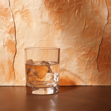 a glass of water sits on a wooden table, showcasing a graphic rock-inspired composition. the background is richly detailed with light brown and orange tones, creating a minimalist image. the overall aesthetic exudes a crumpled, desertwave vibe with unapologetic grit. ai generatedの素材