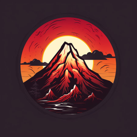 an illustration of a sunset mountain scene with clouds, featuring dark red and dark amber colors. the style is reminiscent of classic tattoo motifs, with circular shapes and a touch of adventure pulp. the artwork has a stained glass effect, showcasing multilayered realism. ai generatedの素材