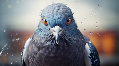 a grey pigeon with a yellow streak on its face is captured in a surrealistic storytelling style. the photograph showcases water drops and utilizes tilt-shift photography techniques. the color palette consists of light navy and bronze, enhancing the overall aesthetic. the pigeon's strong facial expression adds to the explosive wildlife captured in this precisionist art piece. ai generatedの素材
