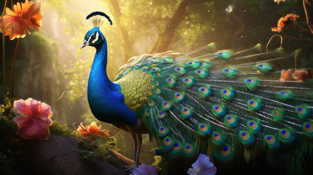 a vibrant peacock gracefully poses amidst a stunning array of flowers. this high-resolution artwork showcases the intricate details of the peacock's feathers and the realistic play of light. with its meticulous character design and lifelike depiction of animals, this image captivates viewers with its colorful beauty and artistic style. ai generatedの素材