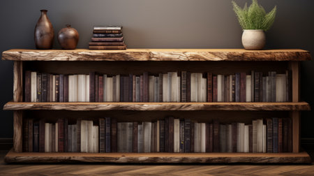 a wooden bookshelf with plants in the background is showcased in this moody tonalism-style photograph. the earth tones, rough hewn surfaces, and mind-bending patterns create a captivating visual. the dark gray and brown colors add depth and richness to the image. this 32k uhd photo features an arrangement of books and portfolios, merging functionality with artistic appeal. ai generatedの素材