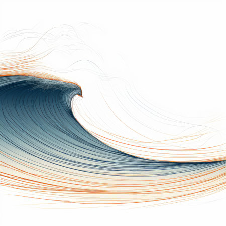 a surfer gracefully rides a wave in this conceptual minimalist graphic. the artwork features a dark, white, and orange color scheme, created with intricate pen illustrations. the piece showcases dimensional multilayering and isolated landscapes, resulting in a high-resolution image with a minimalistic composition. ai generatedの素材