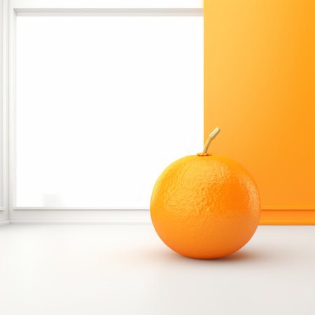 an orange sits in the center of a room, positioned next to a window. this playful composition features a 3d effect with a white background. the image showcases minimal retouching, sharp and clever humor, and a surreal organic vibe. inspired by minimalistic japanese aesthetics, this photo captures the essence of simplicity and creativity. ai generatedの素材