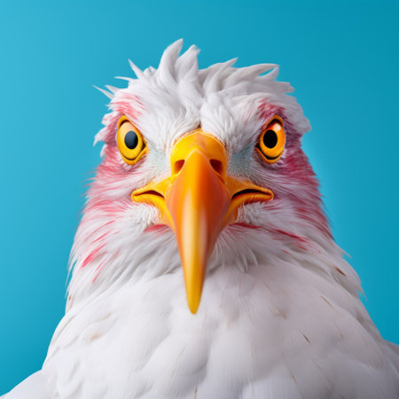 a surreal portrait of an eagle with a yellow beak, created by filip hodas. this unique artwork combines elements of marine biology-inspired design with exaggerated expressions. the white and crimson color scheme adds a striking contrast, while the white and cyan tones enhance the surreal atmosphere. this photograph captures the essence of stereotype photography in a captivating and imaginative way. ai generatedの素材