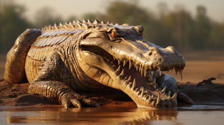 an old crocodile with its mouth open sits in the water, rendered in the style of raphael lacoste using unreal engine. the realistic detailing and hyper-detailed renderings created with vray showcase the precisionist approach. the crocodile's textured skin is highlighted with light gold and orange tones, adding to the lifelike appearance. ai generatedの素材
