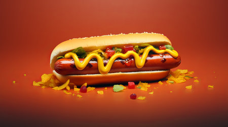 a hotdog, rendered using octane render, is showcased on a plate. the image features post-processing effects, including vivid brushstrokes, in dark orange and yellow hues. the photo-realistic techniques employed create a smooth and polished appearance, giving the hotdog a mouthwatering appeal. ai generatedの素材