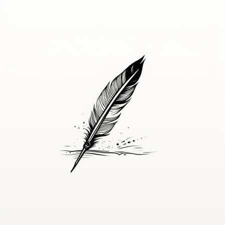 a feather quill, isolated on a white background, is depicted in this png image. the quill is designed in a tattoo-inspired, minimalist painter style, with water drops adding a touch of realism. the illustration resembles a storybook illustration, featuring a minimalistic design in dark black and beige tones. the hand-drawn animation adds an artistic flair to the image. ai generatedの素材
